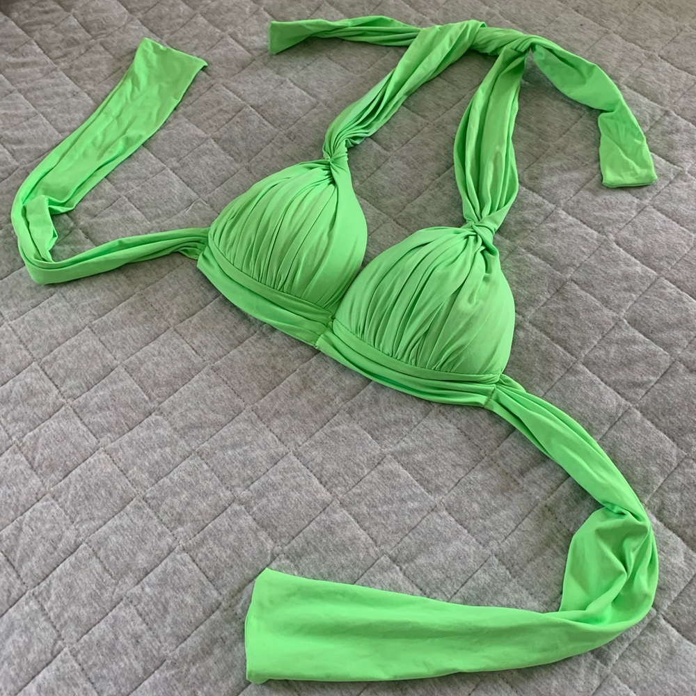 Vintage Ruched Neon Green drapey halter plunge padded bikini top B/C cup